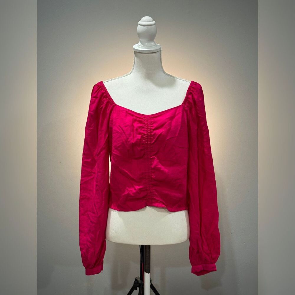 Pink A New Day Smocked Cropped Peasant Blouse Size L EUC
